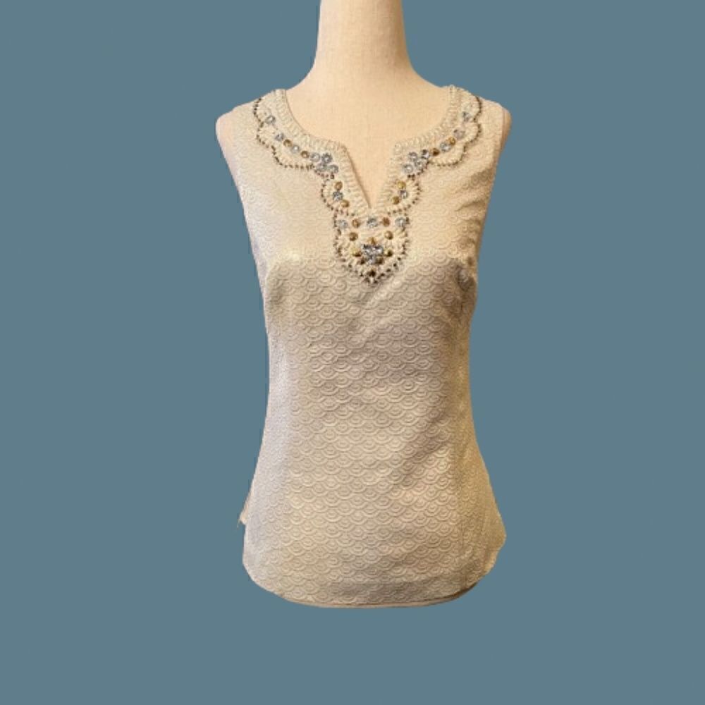 EUC Lilly Pulitzer Terrace Metallic Ivory Sleeveless Beaded Top Blouse Shirt 4 - Picture 2 of 4